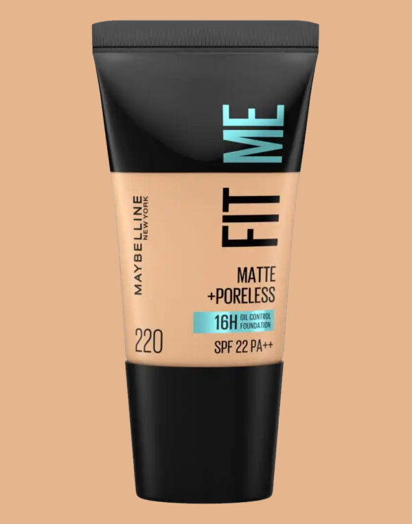 Maybelline New York Liquid Foundation, Matte & Poreless, Full Coverage Blendable Normal to Oily Skin, Fit Me, 220 Natural Beige